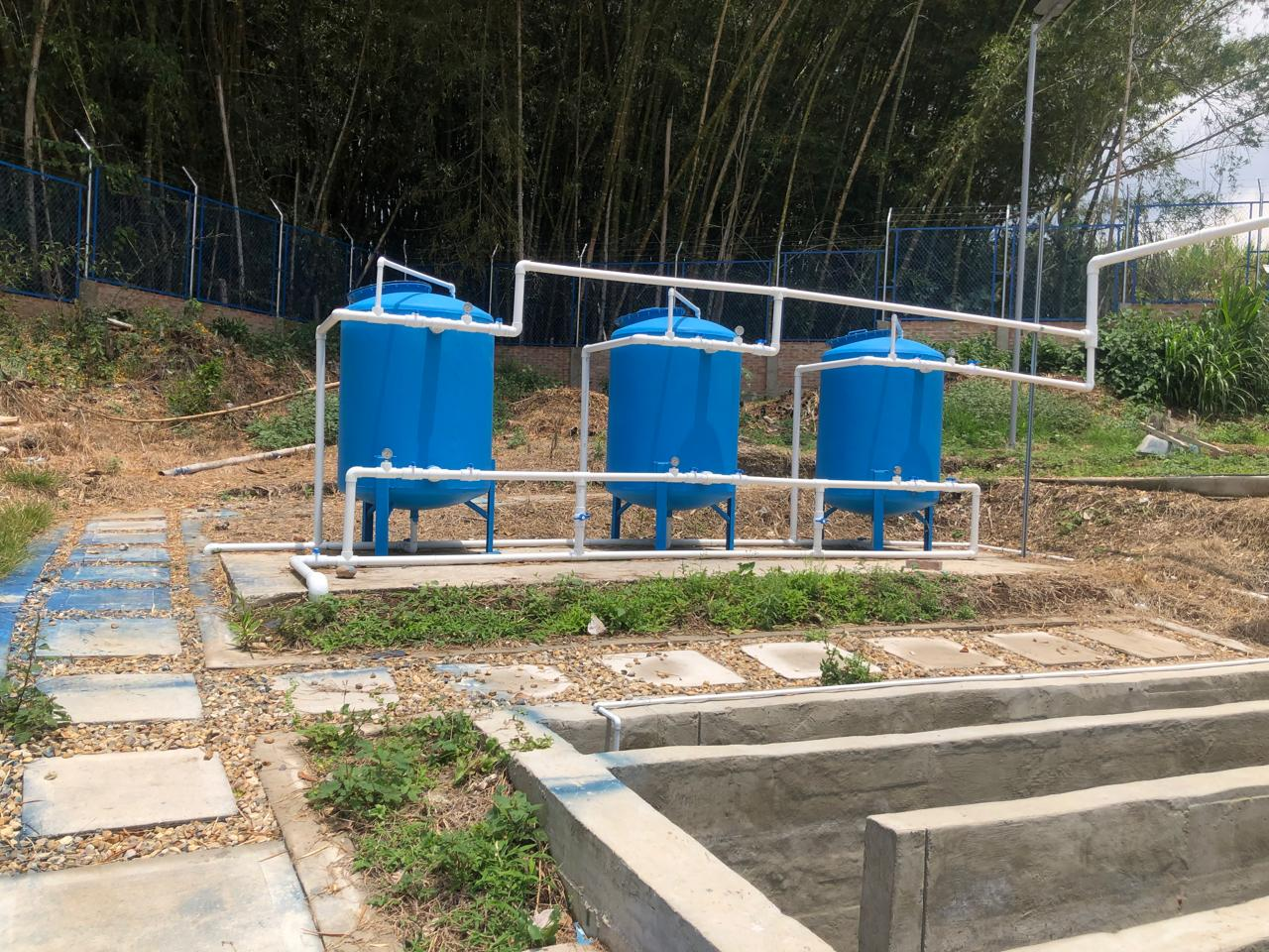 Blue filtration tank system installation