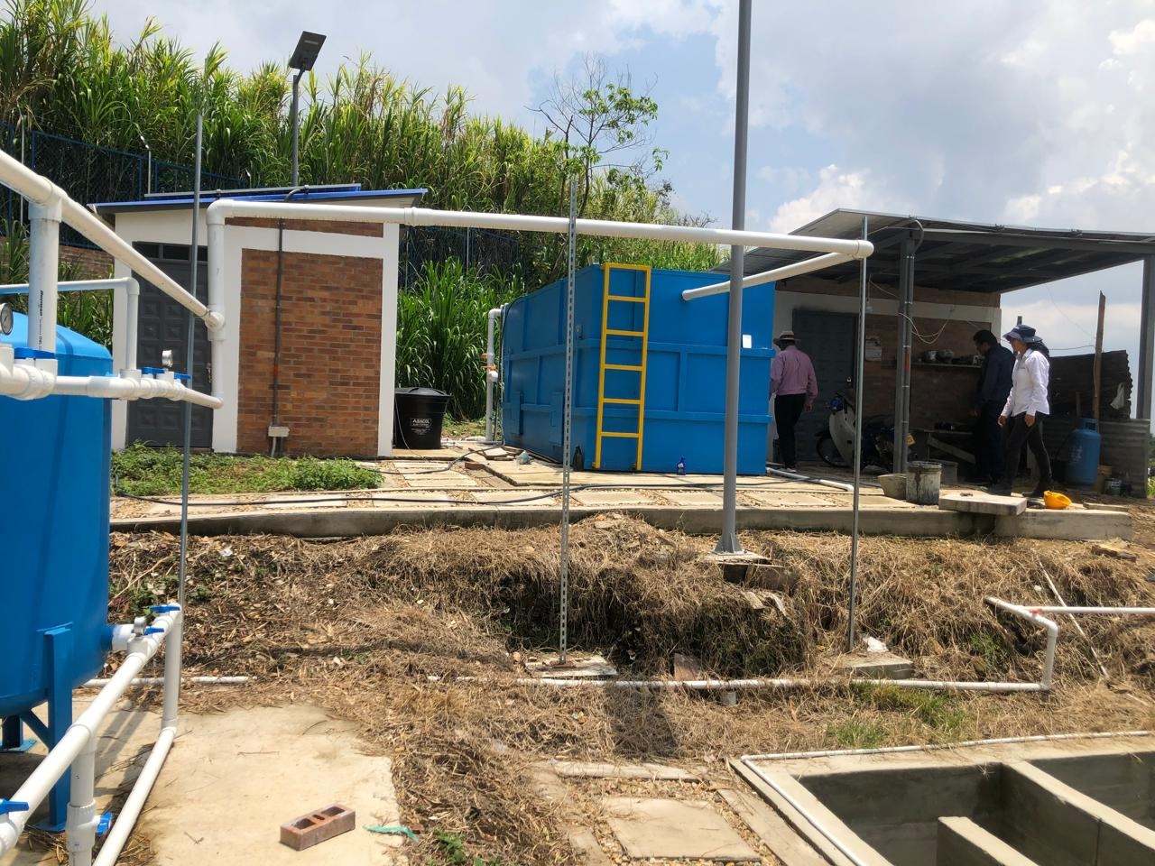 Drinking water treatment facility with blue tanks